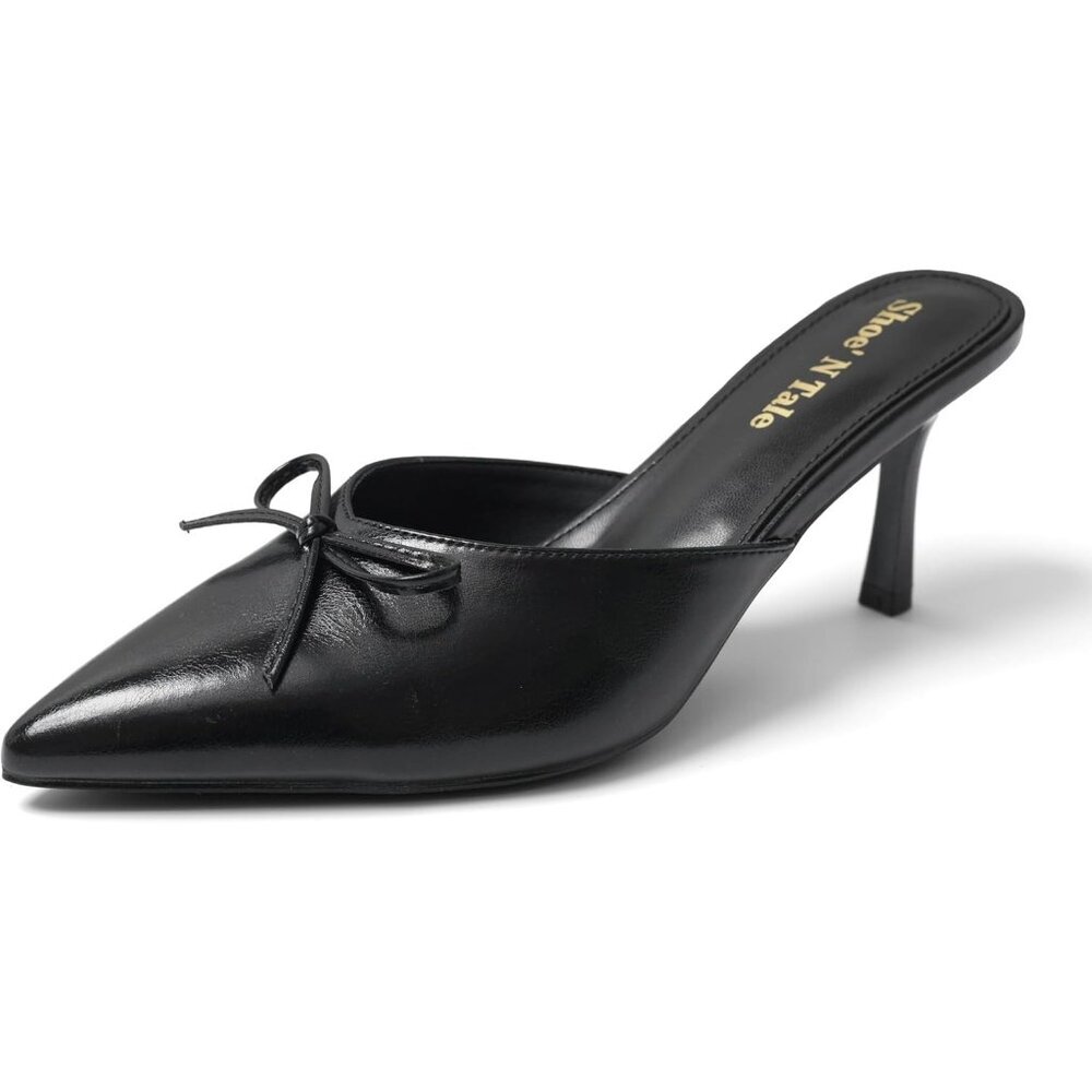 Women's Black Kitten Heels Bow Heeled Sandals Closed Pointed Toe Slip On